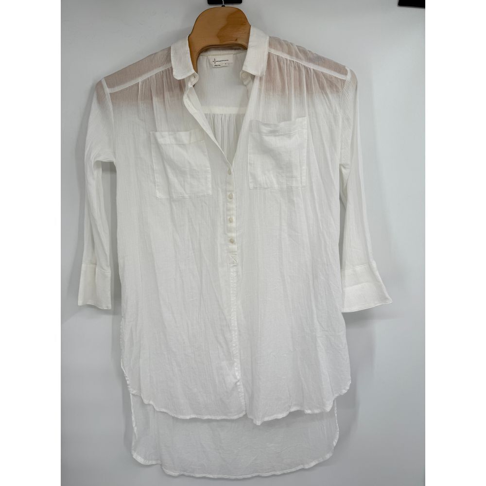 Anthropologie Top Coverup Long Sleeve Shirt Button Down White Long Tunic Sz S